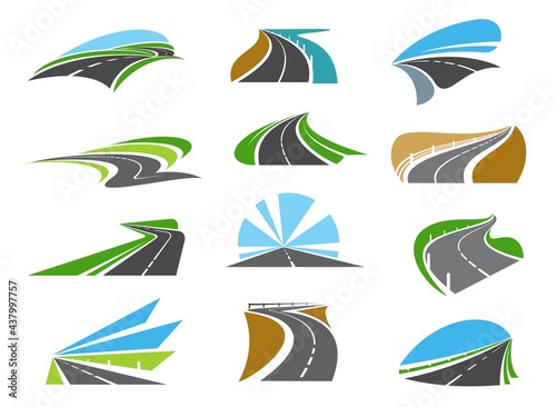 Freeway, highway road icons with roadsides and guardrails. Winding driveway, winding motorway or coastal speed road. Road trip, transportation and logistics industry emblems