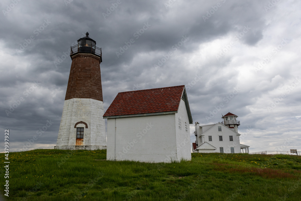 Point Judith Lighthouse in Narragansett, Rhode Island, on a cloudy day in May