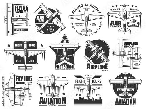 Flying academy or pilot school icons set. Air travel, airplane show and aviation courses training program emblem or badge. Historical biplane and monoplane, retro propeller airplanes vector