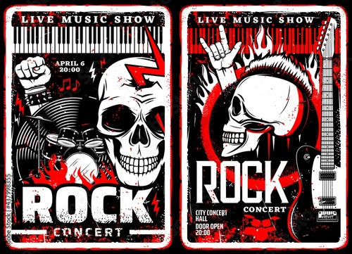 Rock music concert grunge posters of hard rock or heavy metal festival. Vector electric guitars, drum and rocker musician skulls with mohawk and lightning, vinyl record, piano keyboards, musical notes