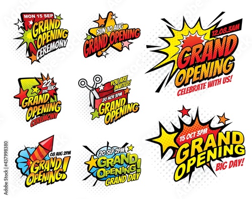 Grand opening halftone comic bubble vector icons. Pop art speech and explosion bubbles with boom clouds, bomb burst stars and firework rocket, ribbon and scissors, promotion event invitation design
