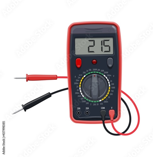 Cartoon multimeter electrical equipment, vector test of voltage, resistance and current. Digital multi tester, voltmeter, ammeter, ohmmeter measurement instrument, electrician or engineer work tool