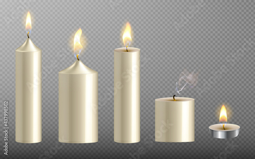 Vector realistic white candle set with fire isolated on transparent background. Diferent shape candles collection with flame light. Burning candlelight icon.Vector illustration  EPS10
