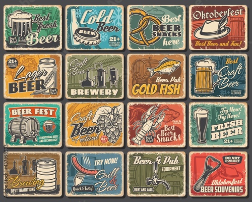 Craft beer festival, brewery and snacks tin signs. Beer brewing and pub equipment grunge vector metal plates, retro signs with tankard, smoked fish, lobster and pretzel, hop, barley and alpine hat