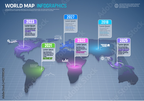 World map infographics, international business and global data vector background. Earth continents with color grades, timeline and information flag tags or marks. World indexes geography infographics photo