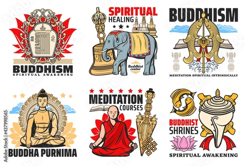 Buddhism religion icons, Buddha Purnima and meditation courses emblems. Kalachakra symbol, elephant and bell, meditating Buddha and Buddhism monk, Kila ritual knife, conch shell and two golden fishes