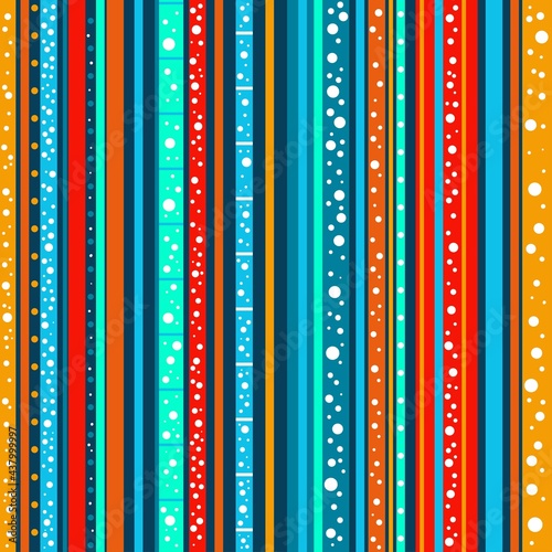 Abstract seamless pattern with colorful stripes and dots. Ethnic or tribal background. Vector illustration for textile, wallpaper.