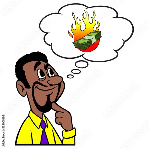 Man thinking about Financial Crisis - A cartoon illustration of a man thinking about the engineered Financial Crisis.