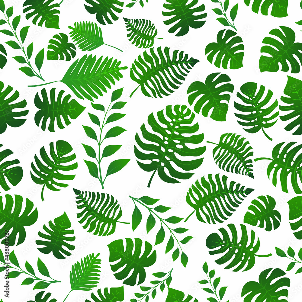 Naklejka premium Seamless pattern with exotic jungle plants. Tropical palm leaves. Rainforest illustration, in green colors.