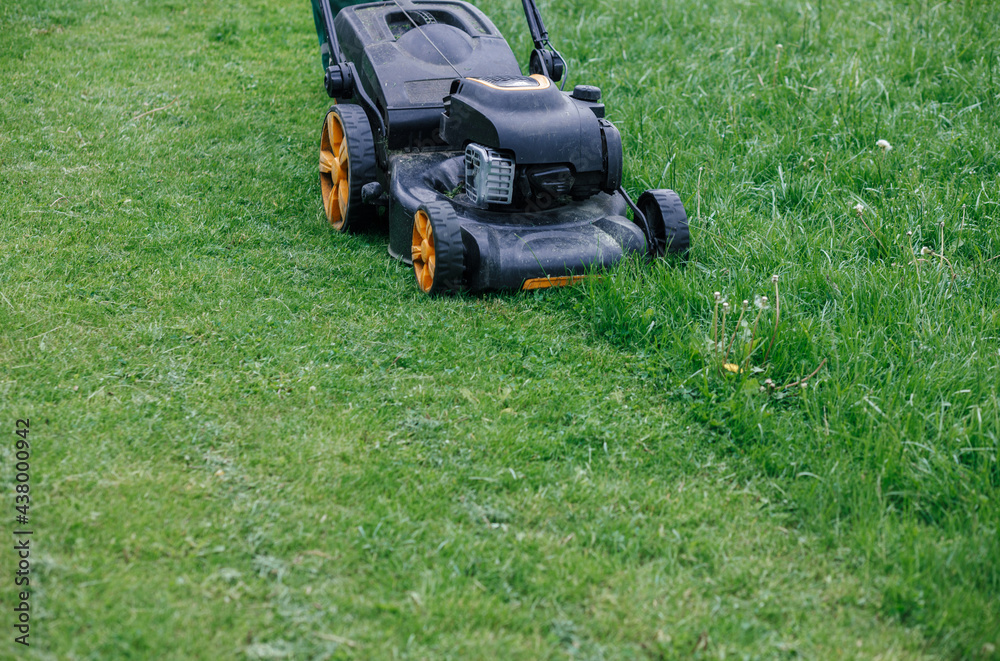 The process of mowing grass or lawn with a mower. Landscaping. The gardener works with the lawn The process of mowing grass or lawn with a mower. Landscaping. The gardener works with the lawn