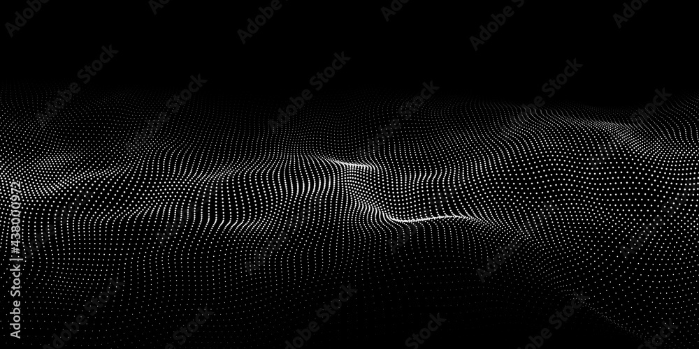 Wave 3d. Wave of particles. Dynamic wave on black background. Futuristic point wave. Design for poster. Technology vector background. Vector illustration.