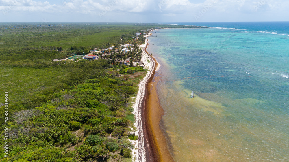 Drone shot over the Caribbean beachfront with a significant amount of Sargassum seaweed in Tulum, Mexico.