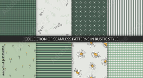 Collection of 8 pattern in rustic style. Plaid, dots, strips and daisy textures in green and white colors.