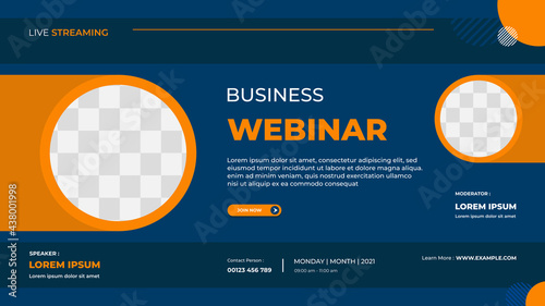 Business webinar banner template for website with orange circle frame and blue background