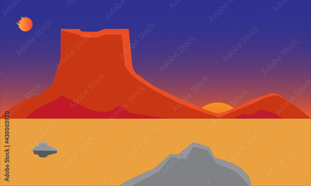 Fireball in the sky at sunset over a mesa in a desert landscape.
