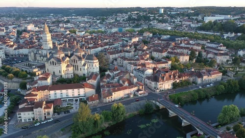 Wallpaper Mural View from drone of houses and ancient Catholic Cathedral of Perigueux town at summer daybreak, France Torontodigital.ca