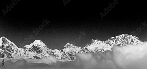 Highest mountain Mount Everest in Himalaya black and white picture. photo