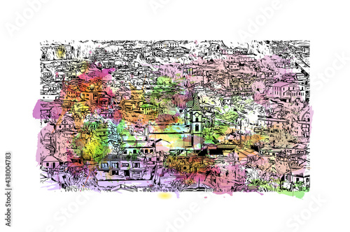 Building view with landmark of Funchal is the capital city of Portugal. Watercolor splash with hand drawn sketch illustration in vector.