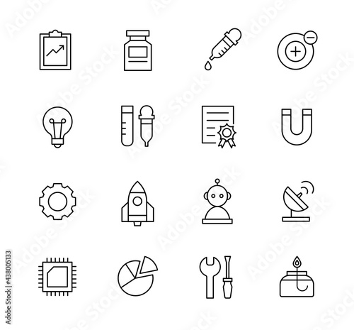 Science and technology object icons collection. Simple black line design.