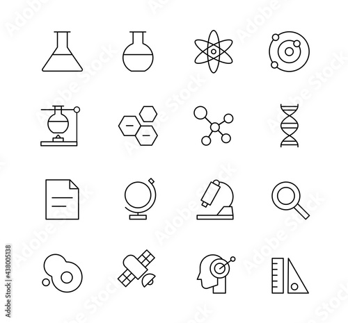 Science and technology object icons collection. Simple black line design.