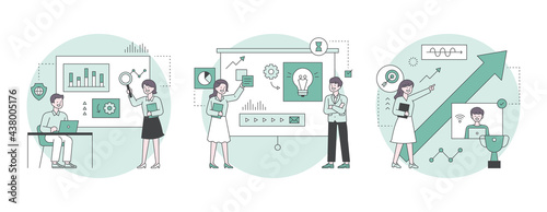 People who analyze graphs, people presenting ideas, people looking at growth graphs. Outline flat design style minimal vector illustration set.