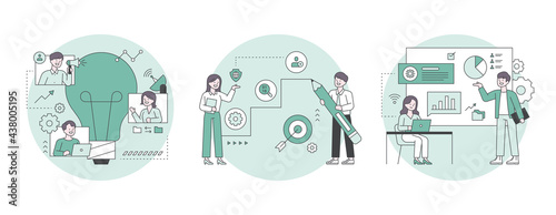 People who think of ideas, people who draw graphs with pencils, people who present materials while looking at the screen. Outline flat design style minimal vector illustration set.