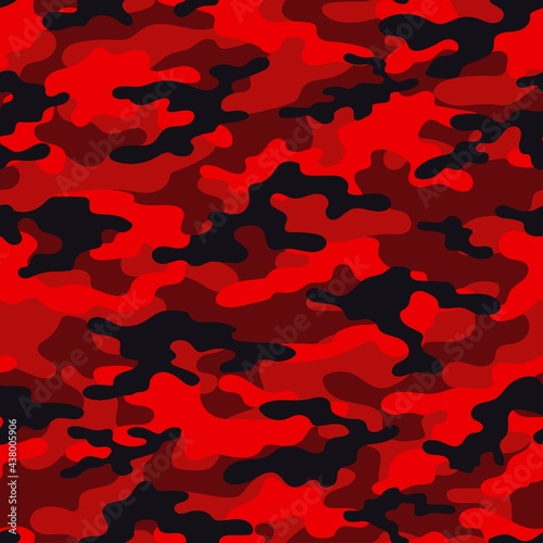 Forest camouflage background, army red vector pattern, stylish street print.