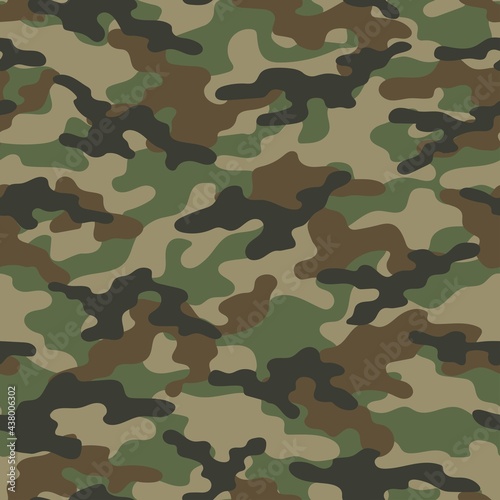 Abstract seamless military camo texture for print. Forest background. Vector green