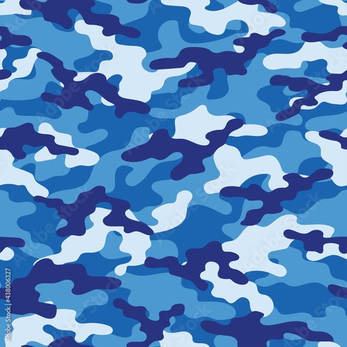 Abstract seamless military blue camo texture for print. Forest background. Vector photo