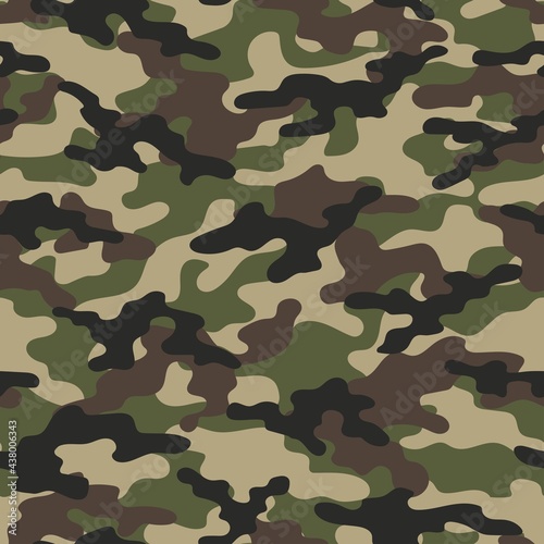 Abstract seamless military green camo texture for print. Forest background. Vector