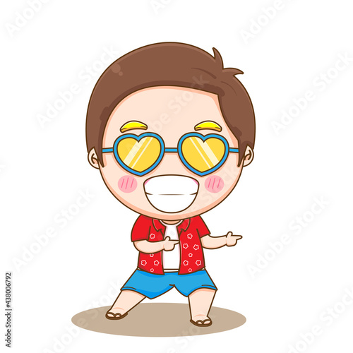 Cute Boy wearing beachwear and glasses chibi character illustration photo