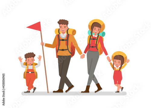 Happy family character vector design. Father mother son and daughter go to camping.