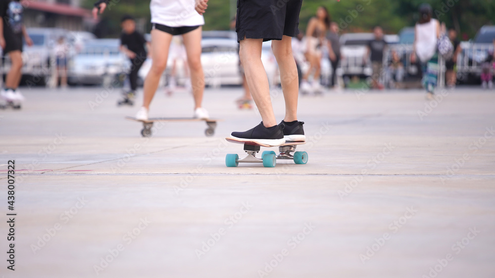 Surf Skate, extreme sport with four wheels on board sliding on street or pumptrack. Famous teenager sport in urban.