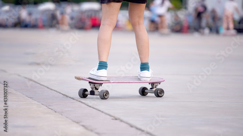 Surf Skate, extreme sport with four wheels on board sliding on street or pumptrack. Famous teenager sport in urban.