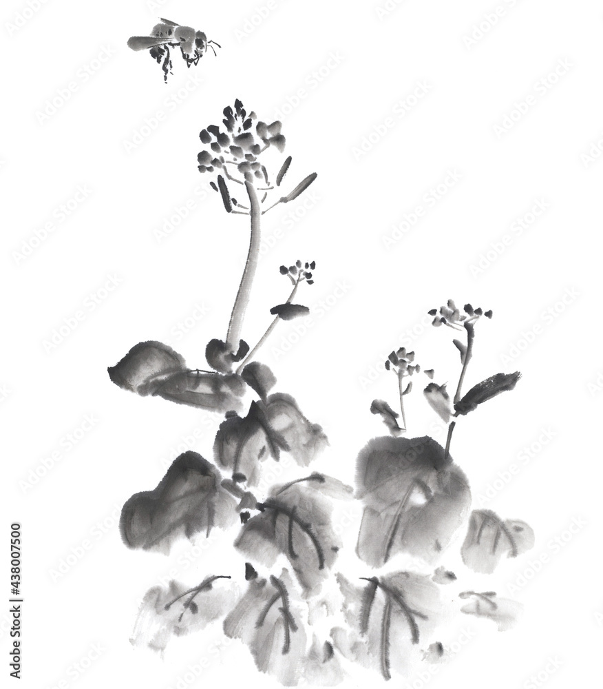 菜の花とミツバチ 墨絵イラスト Stock Illustration Adobe Stock