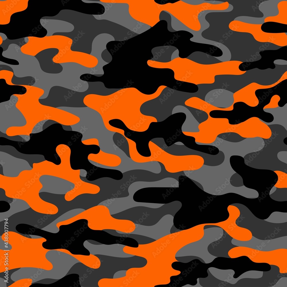 Digital orange camouflage seamless pattern. Military texture. Abstract army or hunting masking ornament. Classic background. Vector design illustration. - obrazy, fototapety, plakaty 