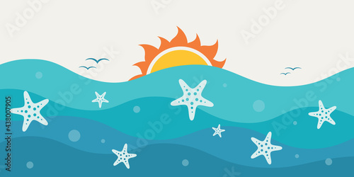 Vector illustration with decorative starfish on blue waves of the sea background in tropical summer style.