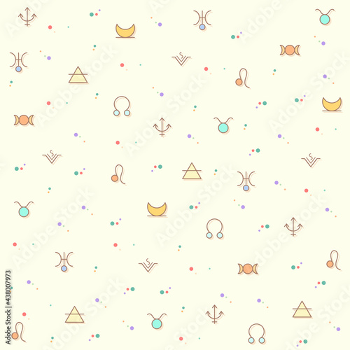 Vector illustration of a cute Astrology and zodiac sign. Collection of planets, asteroids, earth, trine, square, ether, cancer, leo, virgo, libra, aspects and other elements. Isolated on beige.