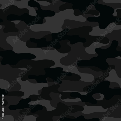 Camouflage seamless pattern. Trendy style camo, repeat print. Vector illustration. Khaki texture, military army black hunting