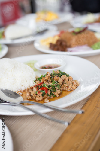Spicy pork with chili fried in Thai style with rice on white plate
