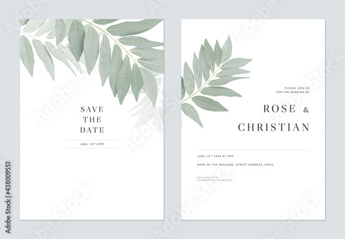 Foliage wedding invitation card template design, green leaves on white