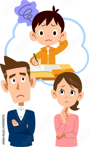 学校の授業についていけない息子を心配する両親の上半身イラスト
