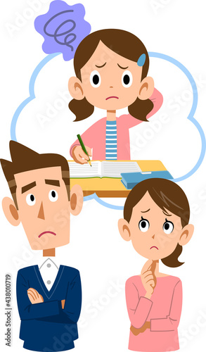 学校の授業についていけない娘を心配する両親の上半身イラスト
