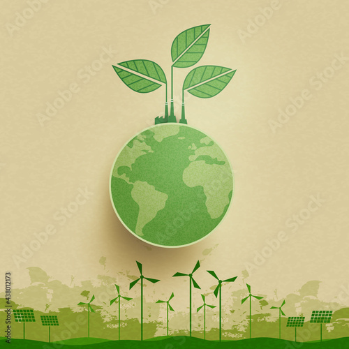 Green industry and alternative renewable energy.Green eco friendly landscape background.Paper art of ecology and environment concept.