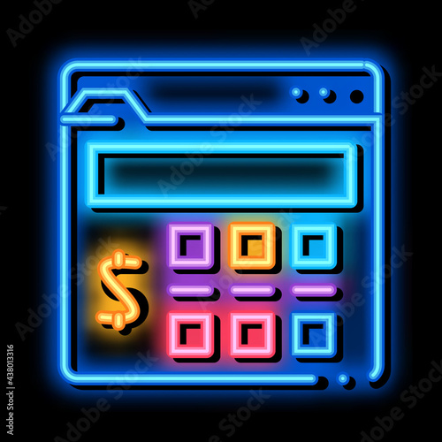 money calculator neon light sign vector. Glowing bright icon money calculator sign. transparent symbol illustration