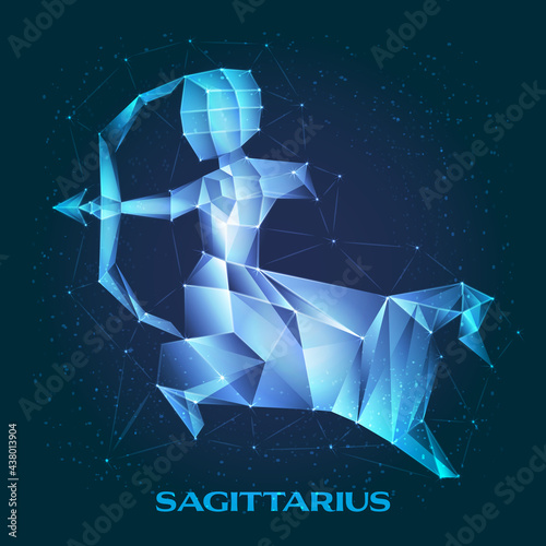 Abstract Digital Futuristic Zodiac Sagittarius Glittering Transparent Crystal Clear Polygonal Centaur Moving Forward with Arrow and Bow on Glowing Dark Blue Background Illustration with Stars Behind