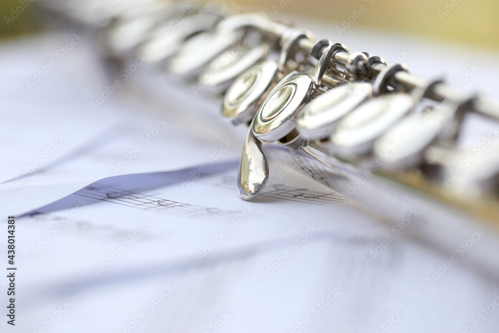 Flute, woodwind brass instrument in classical orchestra. Silver modern