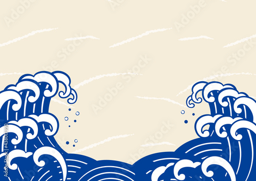 波のイラスト　和紙背景