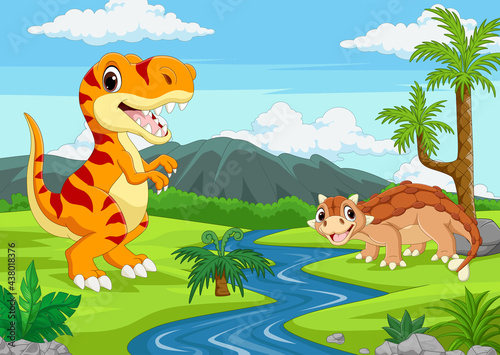 Cartoon two dinosaurs in the jungle