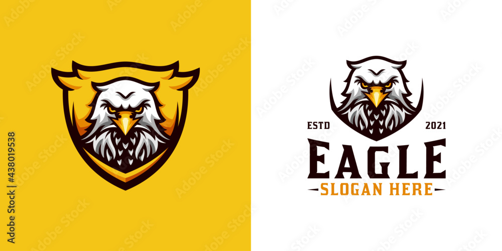 awesome head eagle mascot logo with shield for your brand, team, sport and gaming logo e sport awesome head eagle mascot logo with shield for your brand, team, sport and gaming logo e sport